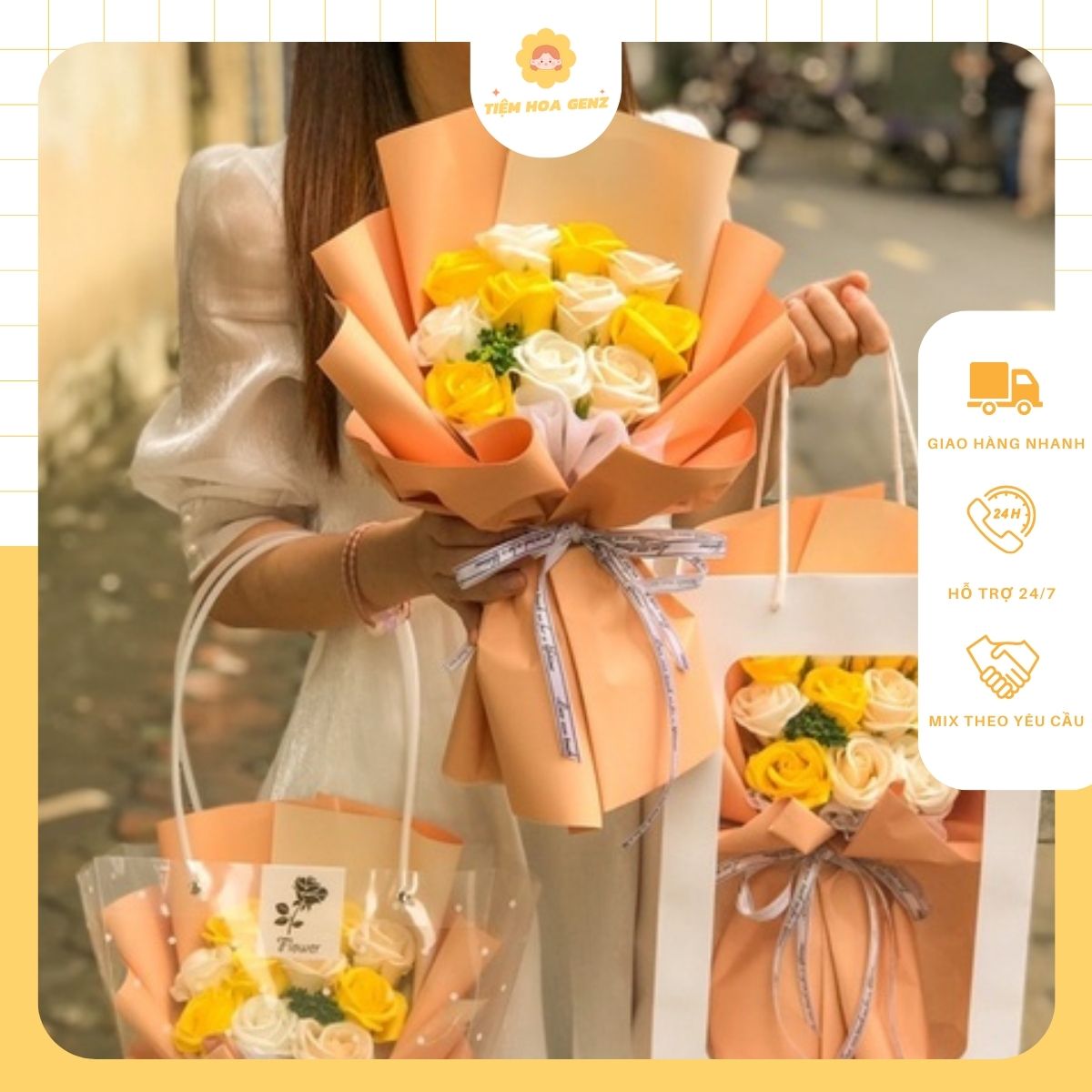 Bó Hoa Sáp 11 Bông Màu Vàng Mix Trắng